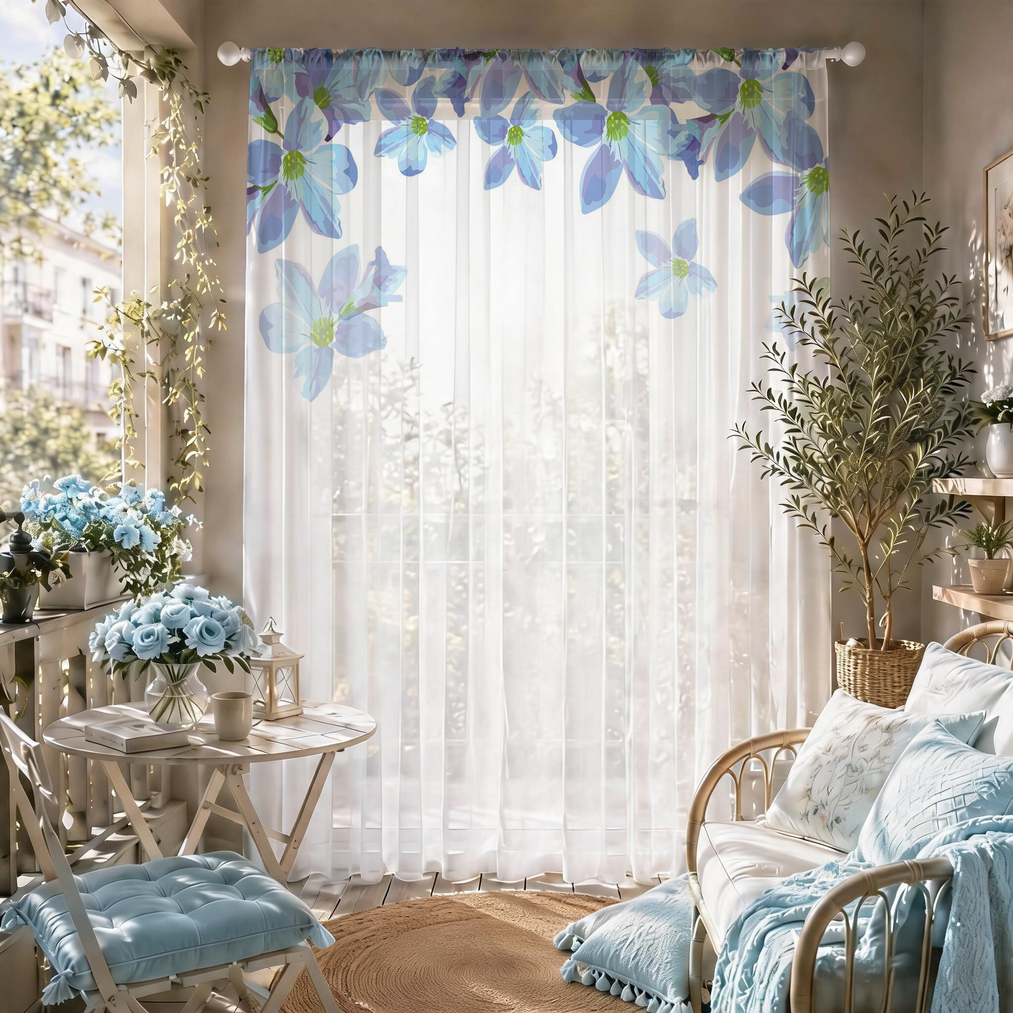 Blue Floral Gradient Sheer Cur - Good Floral & Wedding Decor Supply Photos 리뷰 및 가격