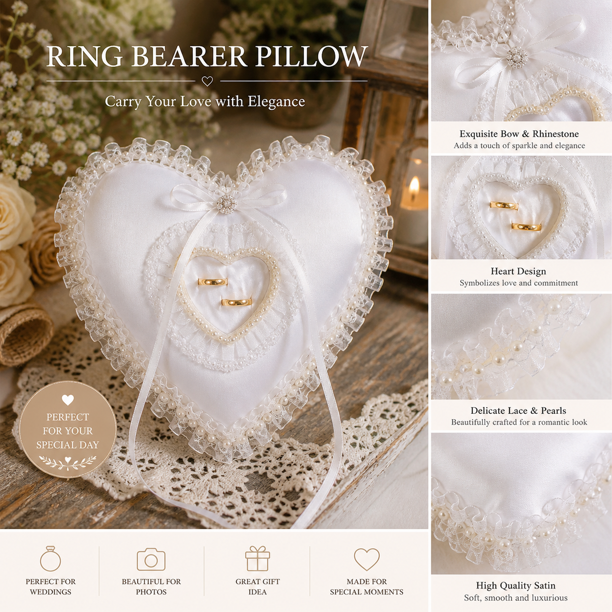 White Heart Shaped Wedding Rin - Ring Bearer Pillow 리뷰 및 가격