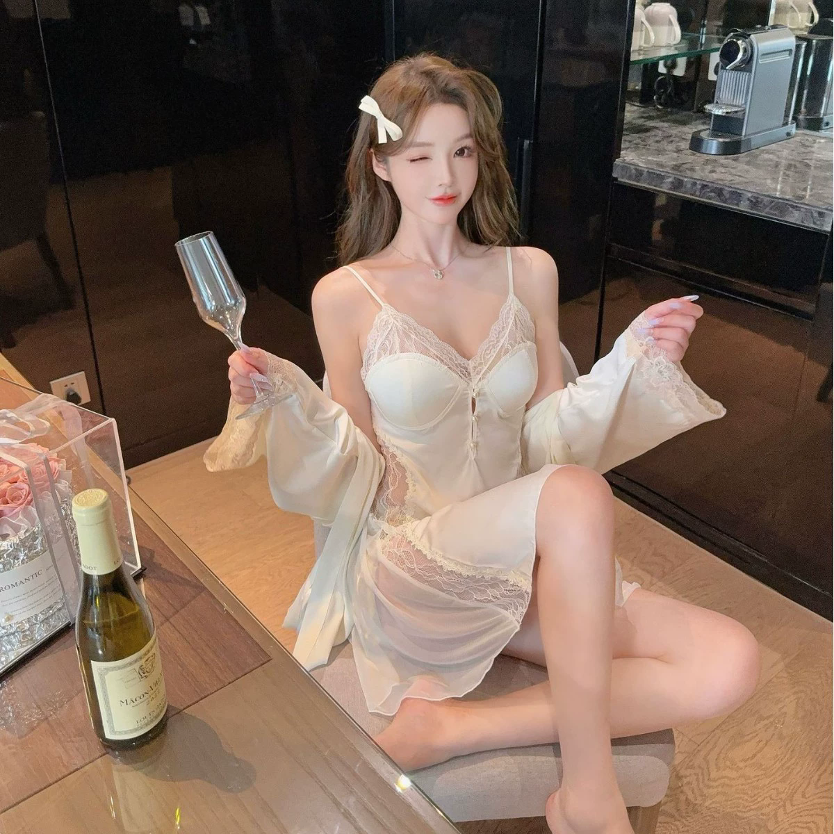 Satin 2 Pieces Robe&Strap Nigh - Wedding Qw 리뷰 및 가격